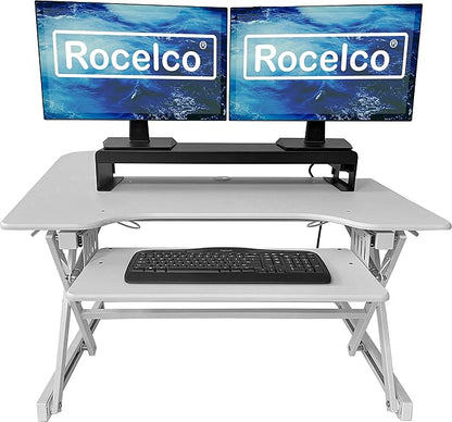 Rocelco 40" Large Height Adjustable Standing Desk Converter with Dual Monitor Stand BUNDLE - Quick Sit Stand Up Computer Workstation Riser - Retractable Keyboard Tray - White (R DADRW-40-DMS)