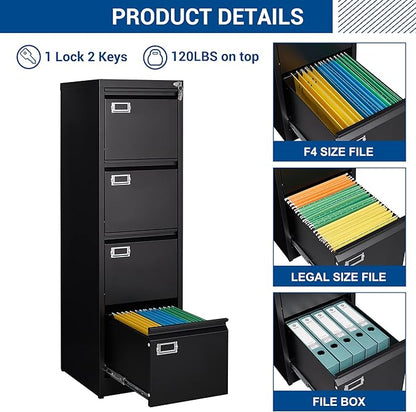 Fesbos File Cabinet - 4 Drawers Vertical 17.8" Deep Lockable Filing Cabinet Black Metal Storage Cabinets for Home Office to Hanging Files Letter/Legal/F4/A4 Size