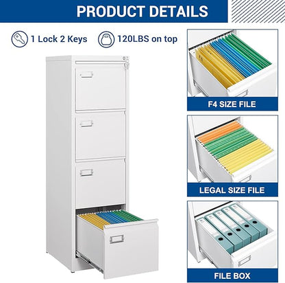 Fesbos File Cabinets - 4 Drawers Vertical 17.8" Deep Lockable Filing Cabinet - White Metal Storage Cabinets for Home Office to Hanging Files Letter/Legal/F4/A4 Size