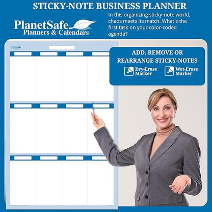 Sky Blue 12 Section Task, Objective and Goals Planning System Vertical 56" Tall x 36" Wide. Wall Tray, Dry-Erase Marker, Eraser and 600 Sticky-Notes