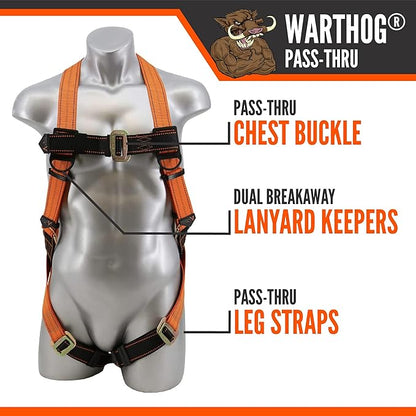 Malta Dynamics Warthog Safety Harness Fall Protection, Pass-Thru Leg Buckles, Full Body Harness - OSHA/ANSI Compliant