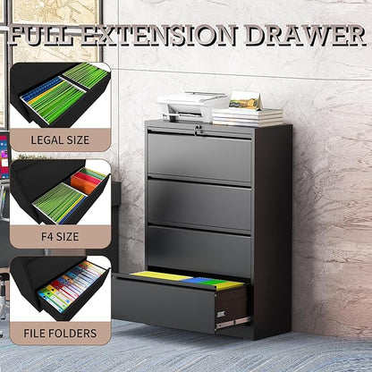mysteeldepot 4 Drawer Lateral File Cabinet with Lock, Metal File Cabinet, Lateral File Cabinets for Home Office, Heavy Duty File Storage Cabinet for Legal/Letter/A4 Document, Assembly Required, Black