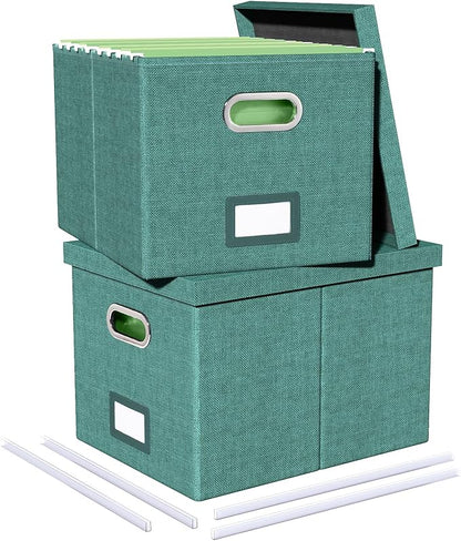 2 Pack File Storage Organizer, Document Organizer, Portable File Box with Lid, Fit for Letter/Legal File Folder Storage,Forest-green-Box only
