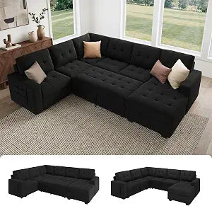 111.4'' Modular Sectional Sleeper Sofa with Pull Out Bed,Black