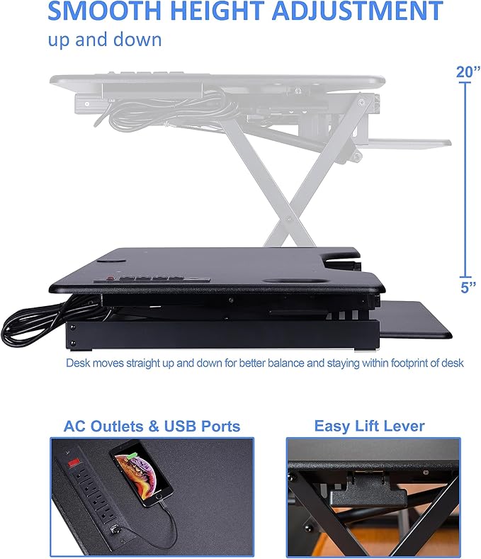 Rocelco 46" Height Adjustable Standing Desk Converter with AC USB Charger and Double Monitor Mount Arm - Sit Stand Up Triple Screen Riser Workstation - Keyboard Tray - Black (R DADRB-46-ACUSB-DM2)