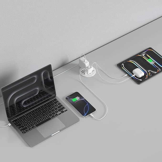 Jgstkcity Power Strip,Desktop Recessed Power Grommet,40W Total USB C Fast Charging,3.15-Inch Hole, 4 Outlets & 8 Ports, Ideal for Desktop & Countertop Flush Mount Outlet