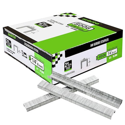 meite 21 Gauge 1/2-inch Crown Upholstery Staples,304 Stainless Steel with 1/4-inch Leg Length, Heavy Duty Staples for Staple Gun MT8016 (10,000 Counts)