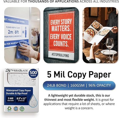 TerraSlate Copy Paper Waterproof Laser Printer, Rain Weatherproof, 5 Mil, 8.5x11-inch, 500 Sheets