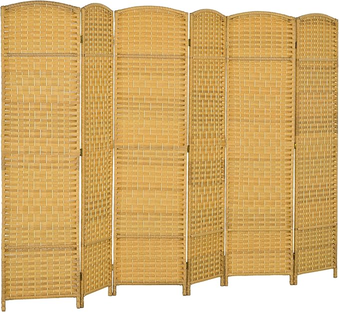 HOMCOM 6 Panel Room Divider, 6' Tall Folding Privacy Screen, Hand-Woven Freestanding Wall Partition for Home Office, Bedroom, Nature Wood