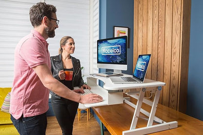 Rocelco 37.5" Height Adjustable Standing Desk Converter with Dual Monitor Mount and Anti-Fatigue Mat - Slide Out Retractable Keyboard Tray - Sit Stand Up Tabletop Riser - White (R DADRW-DM2-MAF)