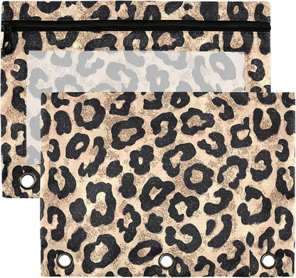 Cheetah Brown Golden Binder Pouches 3 Ring for Boys Girls School Office College Supplies Leopard Black Pencil Pouches Case Bag with Clear Window and Zipper 2 Pack