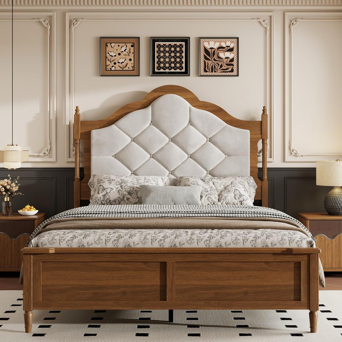 Queen Size Platform Bed Frame with Upholstered Headboard, Mid Century Modern Wood Bed Frame with Panel Footboard, No Box Spring Needed, Heavy Duty Support for Master Bedroom