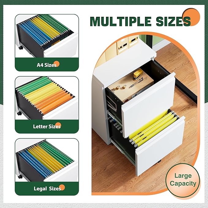 Letaya 2 Drawer Mobile File Cabinet with Lock,Under Desk Metal Filing Cabinets for Home Office Organizer Letters/Legal/A4(Fully Assembled-White)