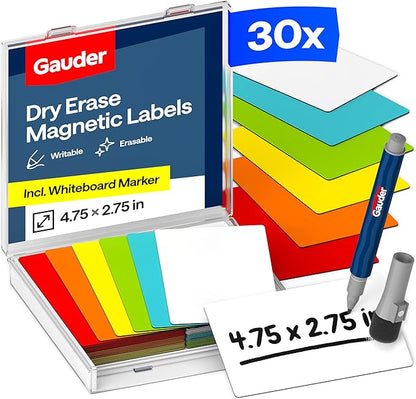 GAUDER Magnetic Dry Erase Labels | 30x Magnetic Labels (4,75 Inches x 2,75 Inches) | 30x Dry Erase Magnets for Classroom, Whiteboard and Blackboard