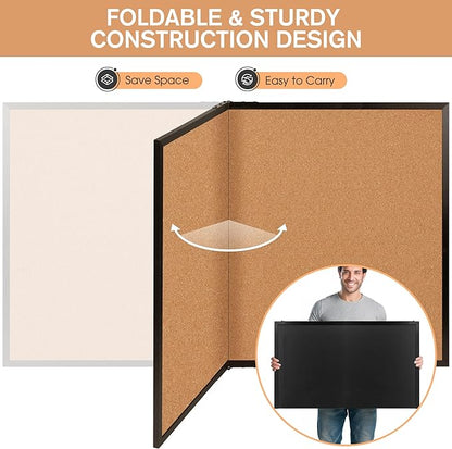 Board2by Extra Large Cork Bulletin Board 60" X 36", Foldable Notice Pin Board for Wall, Black Wood Framed 5'x3' Corkboard, Wall Mounted Noticeboard with 36 Push Pins for School, Home & Office