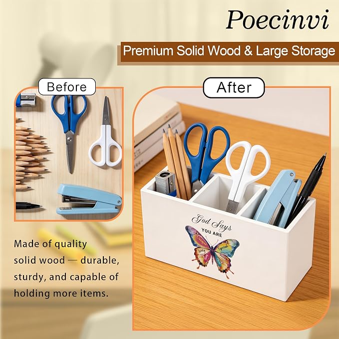 God Says You Are Butterfly Christian Pen Holder for Home Office Desk, Christian Gifts for Women, Butterfly Inspirational Bible Verse Wooden Box Sign Pencil Holder for Desk Shelf Organizer