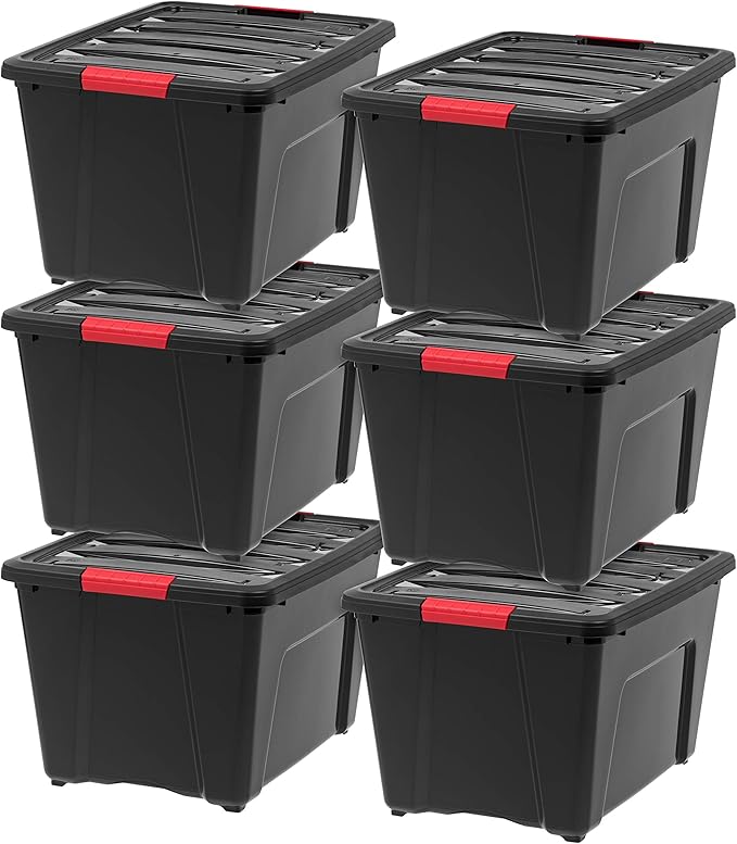 IRIS USA 54 QT Plastic Storage Box with Lid and Latches - 6 Pack - BPA-Free, Garage Organizing Solution, Durable Nestable Stackable Containers, Secure Pull Handle - Black