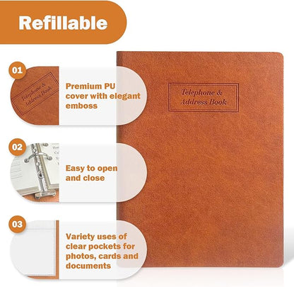 Happyaokeland Refillable Address Book with Alphabetical Tabs, Hardcover Phone Book 648 Contact Book w/Pockets, Large Print Address Books for Seniors, A5, Brown