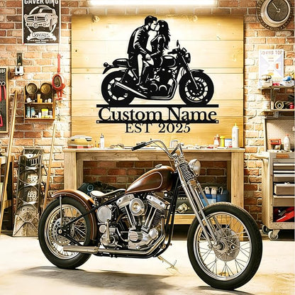 Custom Motorcycle Couple Metal Signs Personalized Biker Couple Name Sign Custom Garage Decor Motorbikes Wall Art Decor Motorcycle Sign Wedding Valentine's Day Gift for Couples