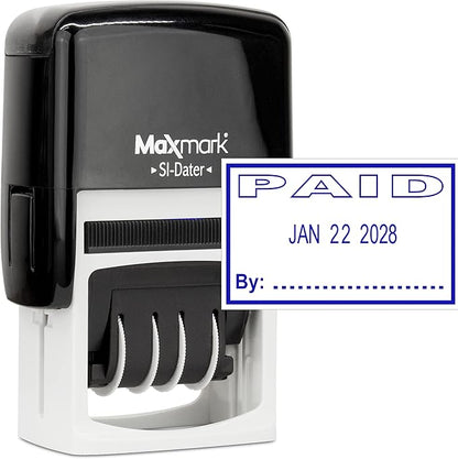 MaxMark Office Self Inking Date Stamp with Phrase Paid - Blue Ink