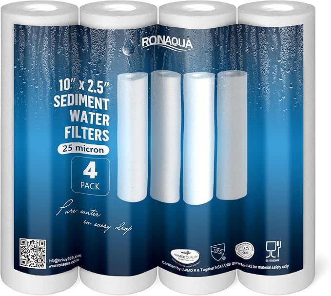 Ronaqua 25 Micron Sediment Water Filter Cartridge 10"x2.5", NSF Certified, 4-Layer Filtration for any 10-inch RO Units & Whole House Systems, Compatible with Culligan P5, AP110, WHKF-GD05, 4 Pack