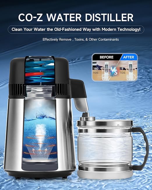 CO-Z 1.1 Gallon Water Distiller, 4L Countertop Distilled Water Machine with Timer Reservation and Glass Pot, 750W 304 Stainless Steel Distilled Water Maker for Home Office Drinking Water Purification