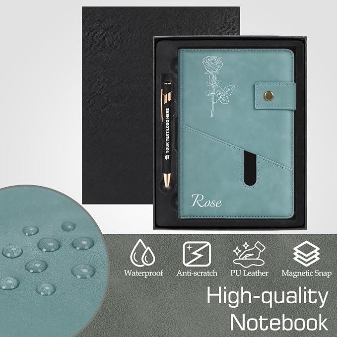 ENOMY Personalized Notebook & Pen Set PU Leather Custom A5 Notebook with Lock 200 Lined Paper Pages Luxury Gift Box for Men Women Travel College Business Gift, Light Blue
