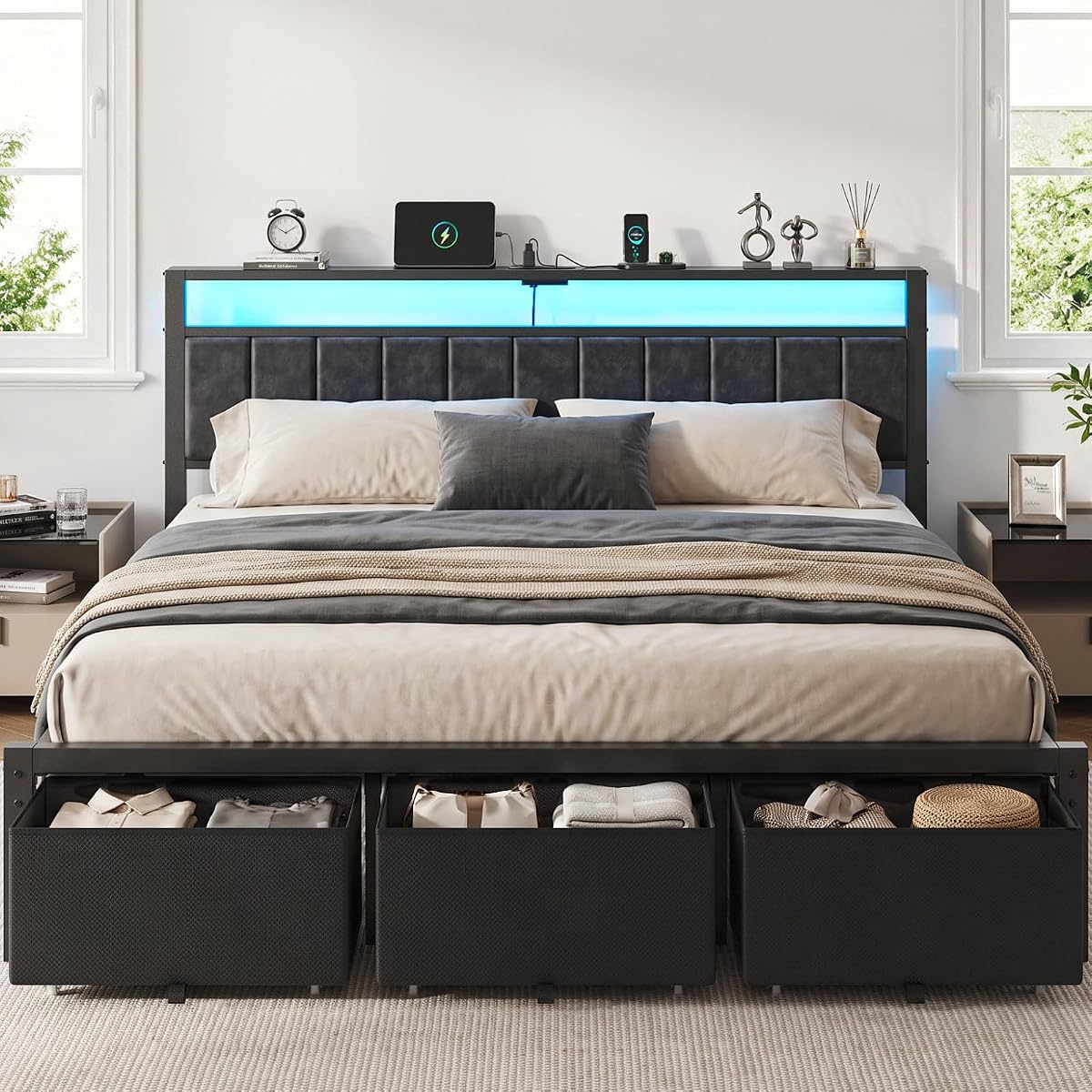 King Size Bed Frame with Upholstered Headboard and 3 Storage Drawers