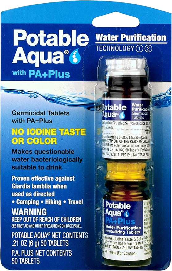 Potable Aqua Chlorine Dioxide Water Purification Tablets - 30 Count & Water Purification Tablets with PA Plus - Two 50 Count Bottles