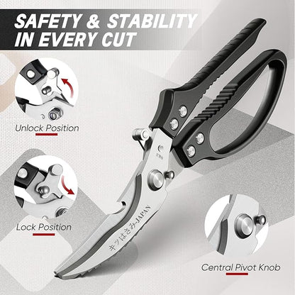 TIVOLI Poultry Shears Black,Japanese Kitchen Shears Heavy Duty with Non-Slip Handle & Safety Lock,Multifunctional Kitchen Scissors for Chicken, Meat, Turkey, Fish, Vegetables,Ideal Gift