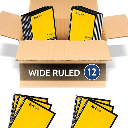 EPI Spiral Notebook | Wide - 70 Sheets, Durable Spiral Binding | 10.5 x 8 in | Classroom Supplies | School, Office, Note Taking, Journaling - 12 Pack