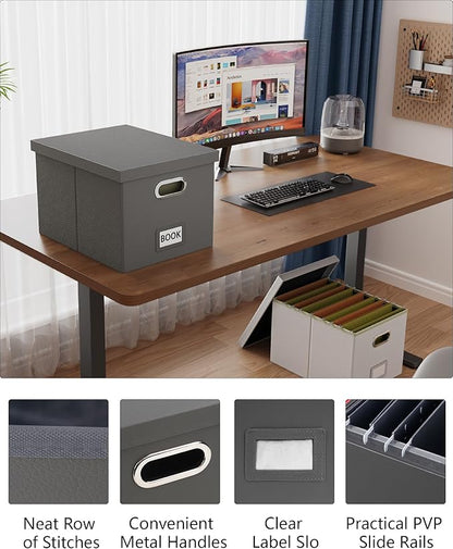 2 Pack File Storage Organizer, Portable File Box with Lid, Fit for Letter/Legal File Folder Storage, Gray(Leather)