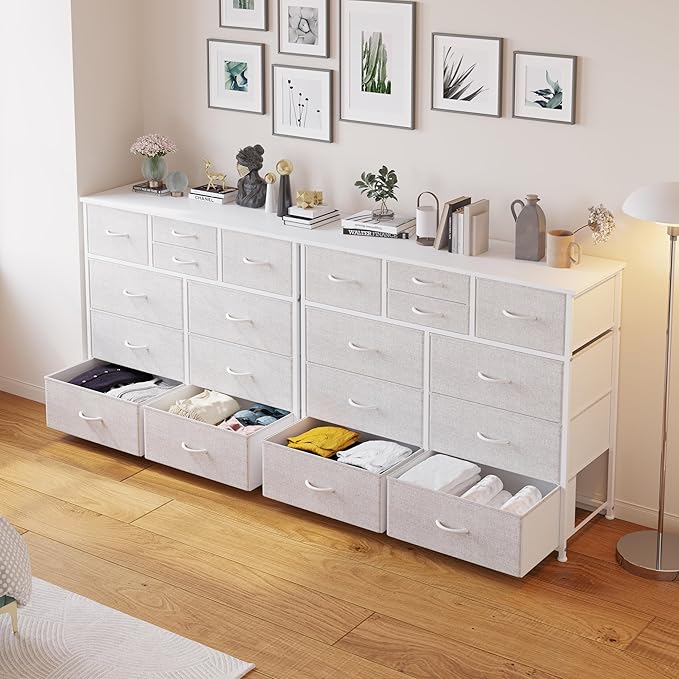 LUMTOK 10-Drawer Dresser, Fabric Dressers Drawers for Bedroom, Hallway, Nursery, Closets, Steel Frame, Wood Top, Easy Pull Handle (Light Grey)