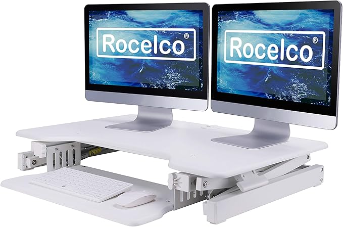 Rocelco 32" Height Adjustable Standing Desk Converter BUNDLE - Sit Stand Computer Workstation Riser with Anti Fatigue Mat - Dual Monitor Retractable Keyboard Tray Gas Spring - Black (R EADRW-MAFM)