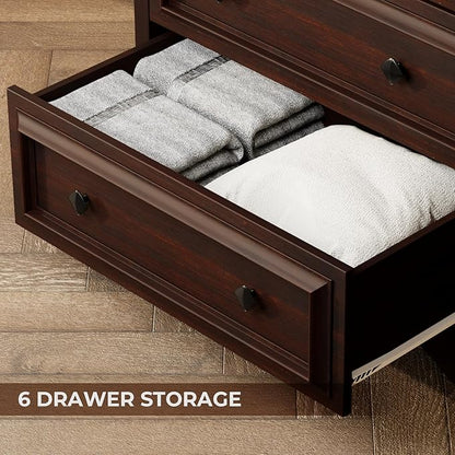 VVFLU Farmhouse 6 Drawer Dresser, 48" Tall Dresser Chest of Drawers with Natural Texture & Metal Handles, Storage Dressers Organizer for Bedroom, Living Room, Hallway, Vintage Design (Cherry)