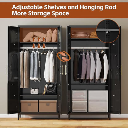 SUPEER Metal Wardrobe Cabinet with Hanging Rod,Metal Wardrobe Closet with Doors and Adjustable Shelves, Armoire Closet Locker for Home,Office,H70.9 X W31.5 X D17.7,Installation Required,Black
