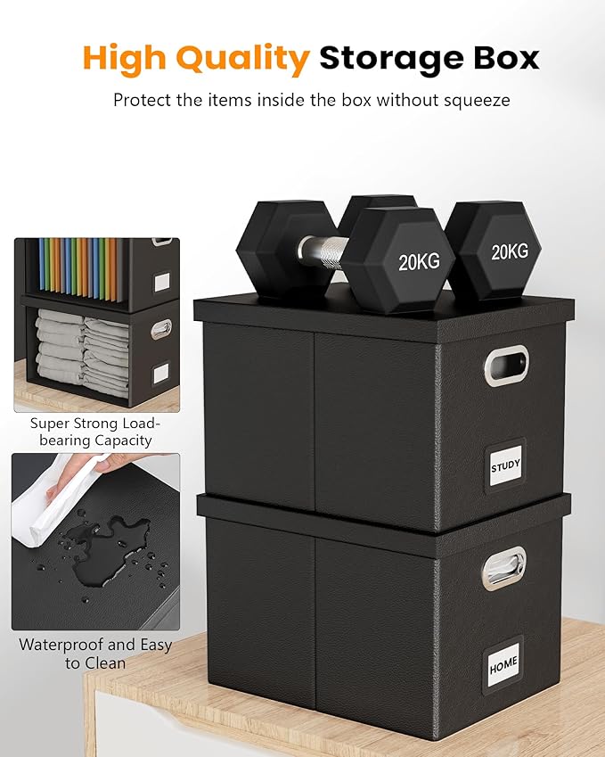 Oterri File Organizer Box with Lid - Portable Hanging File Box for Letter/Legal Files, Office/Decor/Home, 1 Pack, Black Leather