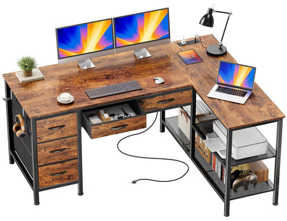 47 Inch L Shaped Desk with Power Outlets, 5 Fabric Drawers