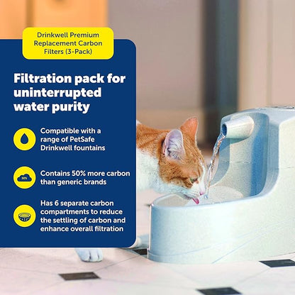 PetSafe Drinkwell Premium Replacement Carbon Filters - Improves Water Taste - Activated Carbon from Coconut Shells - Compatible with Multi-Tier, Platinum, Zen Fountains - 3-Pack