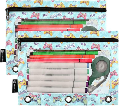 Mahjong Gambling Binder Pouches 3 Ring for Boys Girls School Office College Supplies Green White Doodle Pattern Pencil Pouches Case Bag with Clear Window and Zipper 2 Pack