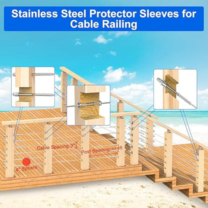 BLIKA 200 Pack Stainless Steel Protector Sleeves for 1/8" 5/32" or 3/16" Deck Cable Railing, for Wood/Composite Posts, T316 Marine Grade, Cable Railing Protector Sleeves