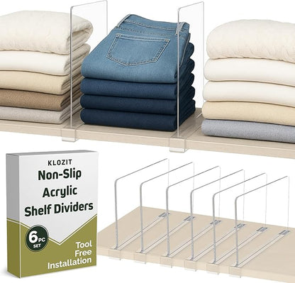 KLOZIT 6- Pack Clear Acrylic Shelf Dividers-Non-Slip Closet Organizers for Sweaters, Bags, Towels- Shelf Separators for Bedroom, Kitchen, Office