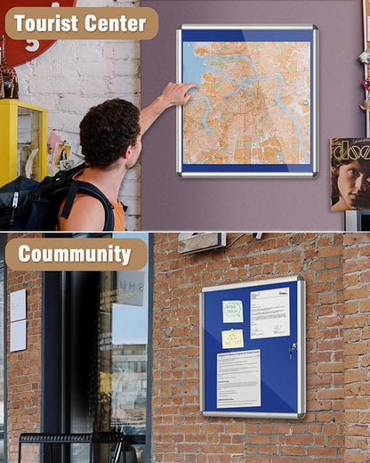 Mifuro 28"x26" Enclosed Bulletin Board, Lockable Weather-Resistant Aluminum Cork Noticeboard for School & Office, Silver Frame w/Blue Flet
