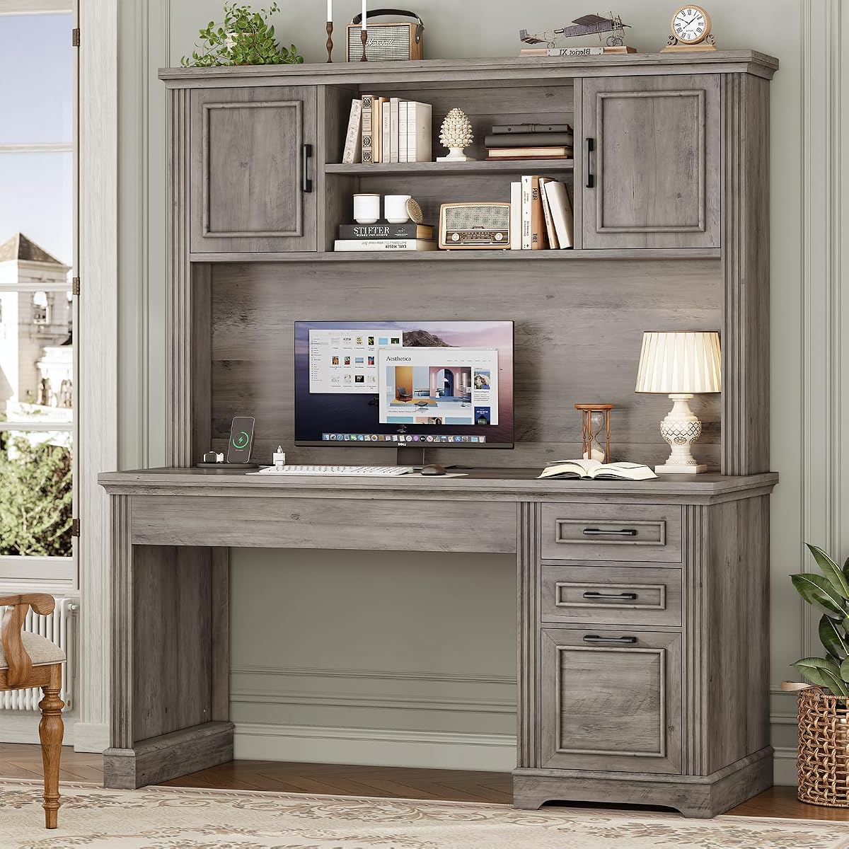 Office Desk with 3 Drawers, 47.2" Executive Computer Desk with Storage Drawers and Hutch Cabinet, Wood Farmhouse Desk with Power Outlet for Home Office, Grey