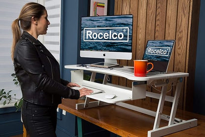 Rocelco 37.5" Deluxe Height Adjustable Standing Desk Converter - Quick Sit Stand Up Dual Monitor Riser - Gas Spring Assist Computer Workstation - Large Retractable Keyboard Tray - White (R DADRW)