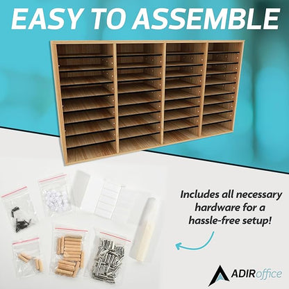 AdirOffice Wooden Adjustable Literature Organizer, 36 Compartment Office Mailbox, or Classroom Literature Organizer, Medium Oak