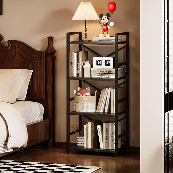Homeiju Black Bookshelf, 4 Tier Small Bookcase, Black Metal Small Bookcase, Book Shelf Organization and Storage for Living Room, Bedroom, and Home Office