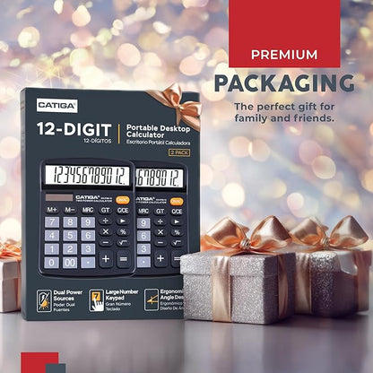 CATIGA Desktop Calculator (2 Pack) 12 Digit with Large LCD Display and Sensitive Button, Solar and Battery Dual Power, Standard Function for Office, Home, School, CD-2786 (2 Black)
