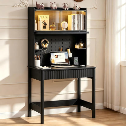 31.5" LED Study Desk with Hutch,Outlets,Reading Lights