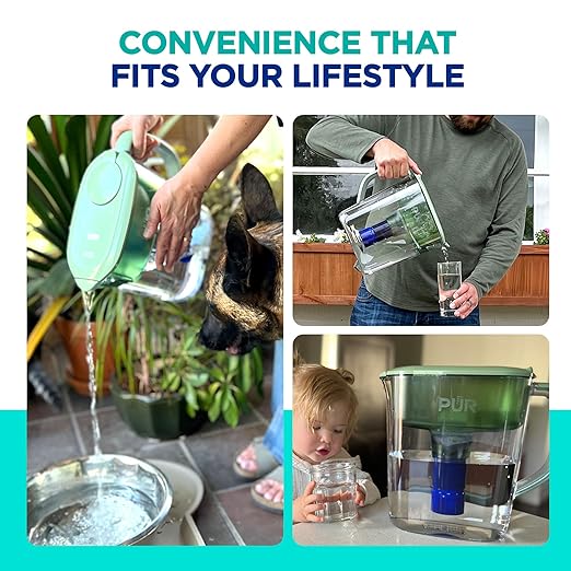 PUR Plus 11-Cup Water Pitcher, 1 Lead-Reducing Filter, Cleaner, Great-Tasting Water, Dishwasher Safe, Powerful Filtration, Filter Change Light Indicator, LockFit Cap Design - Sage